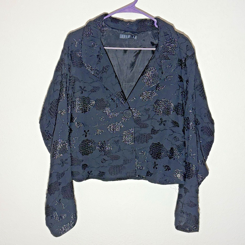 Ischiko Black Floral Metallic Sparkle Cropped‎ Button Up Jacket Sz 8